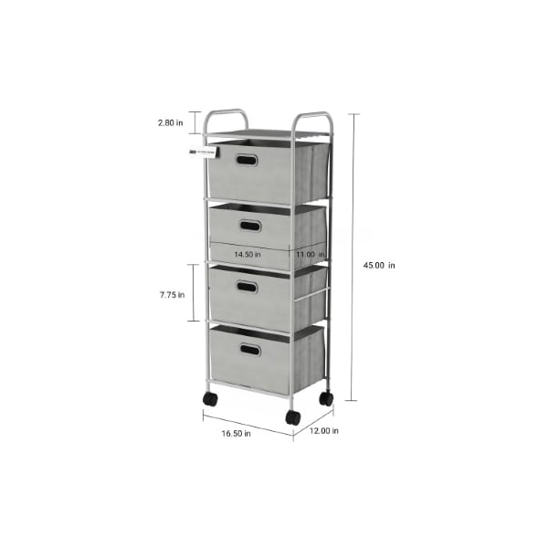 4 Drawer Rolling Storage Cart On Wheels, Portable Metal Organizer With Fabric Bins For Home, Office